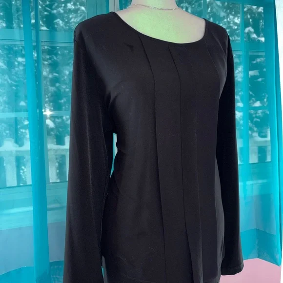 Susan Graver Classic Black Layered Pleated Front Long Sleeve Blouse Size XL - Picture 3 of 7